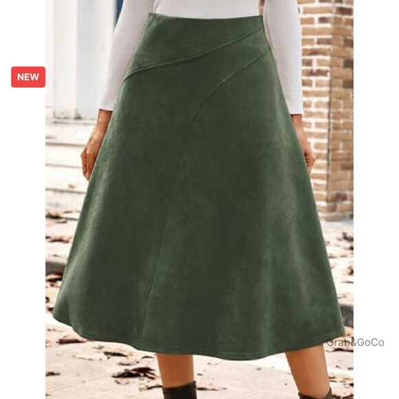 High Waist A-Line Midi Skirt Faux Suede Elegant Fall Winter Chic Versatile - Picture 4 of 8